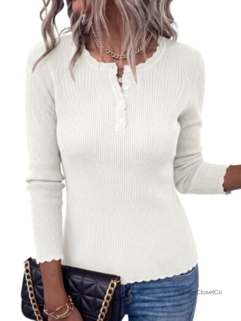 Women's Long Sleeve Scallop Trim Henley Sweater Slim Fit Ribbed Knit